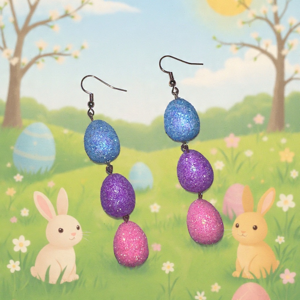 Handcrafted Glitter Easter Egg Drop Earrings In Blue, Purple & Pink
